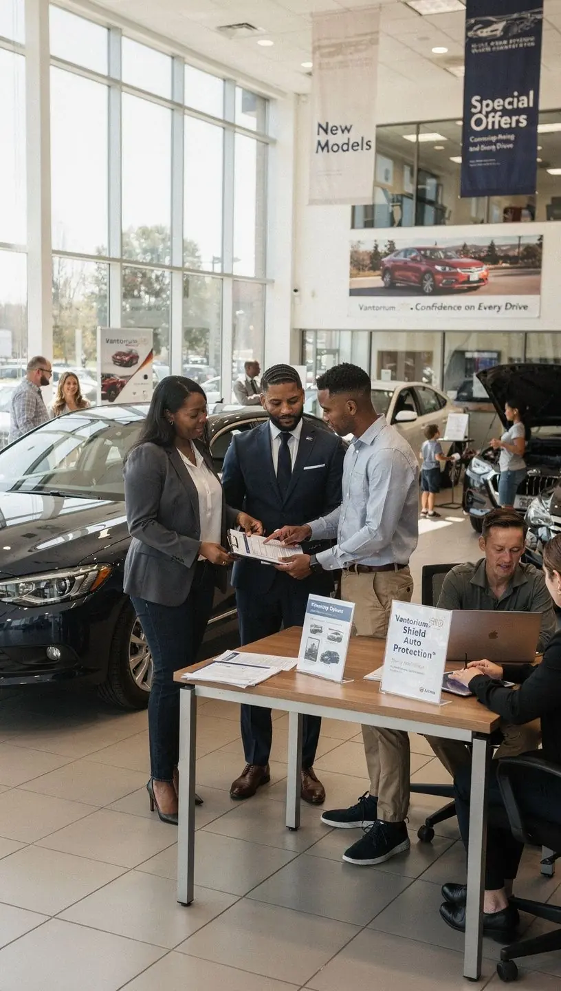 Zniżki dla bezpiecznych kierowców z ilustracją szczęśliwej rodziny w samochodzie.